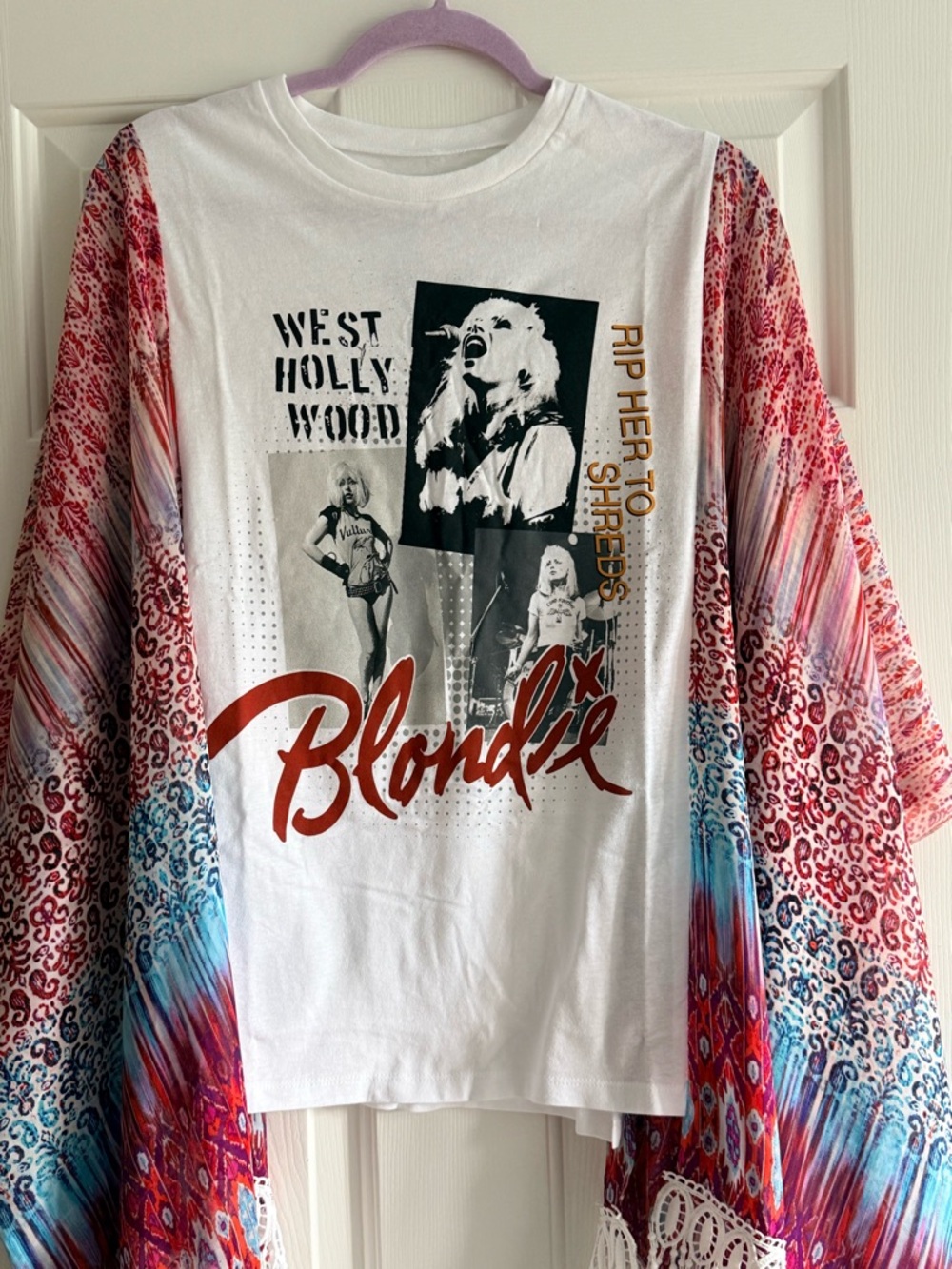 Custom Upcycled Edgy Blondie Graphic Tee Kimono Poncho Pullover Top OSFM - Picture 3 of 4